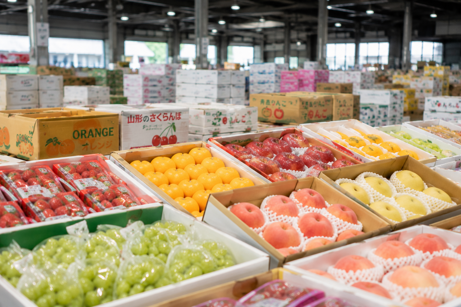色とりどりの青果が並ぶ市場の陳列（ローアングル）